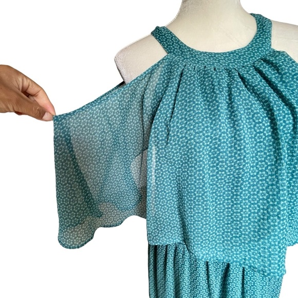 Soft Surroundings Chiffon Teal Maxi Dress Women’s Size M Floral Geo Printed Line - Picture 8 of 10